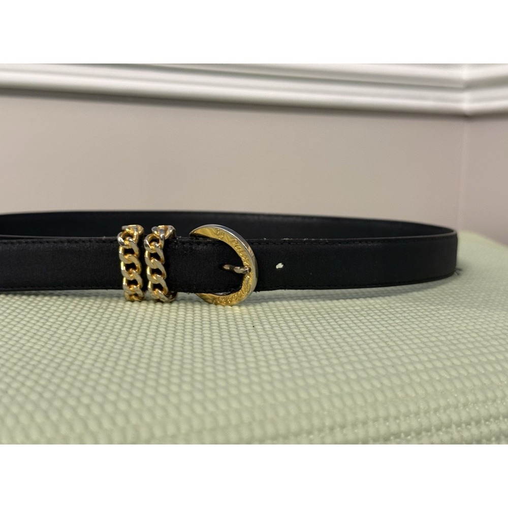 Vintage Paloma Picasso Black Leather Gold Tone Chain Buckle Belt S/M 80/90s